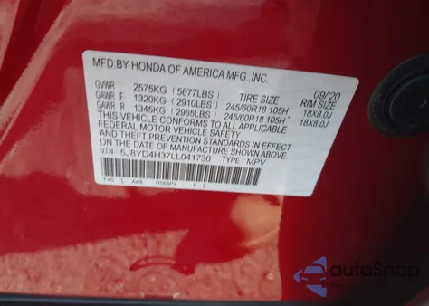 2020 Acura Mdx Standard z USA, uszkodzony, nr VIN 5J8YD4H37LL041730